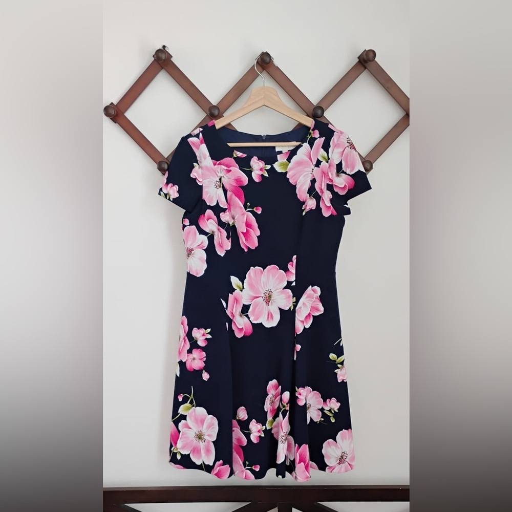 Laura Petites Navy & Pink Floral Midi Dress – Size 10 Petite